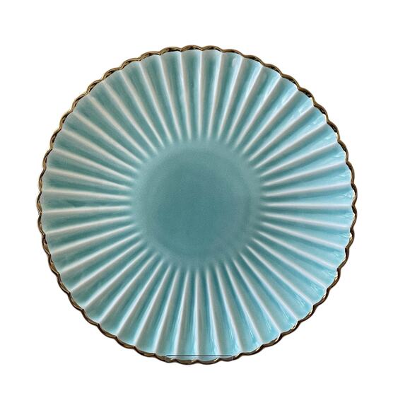 Aqua Ceramic Dinner Plates 11" Turquoise Scalloped Edge Gold Accent Set of 4 New - Picture 14 of 16